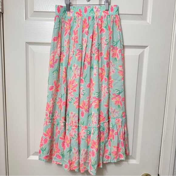 OSHKOSH B’gosh Girls Sz 12 Floral Midi Ruffle Skirt Green Pink Elastic Waistband - Picture 2 of 7